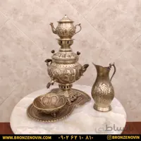 سماور برنجی زغالی ۴ لیتری هخامنش آنتیک با سرویس
