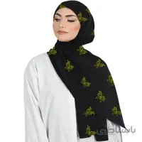 شال حریر مشکی گلدوزی پروانه زرد
