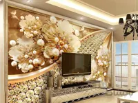 کاغذ دیواری سه بعدی گل های طلایی و نگینی
