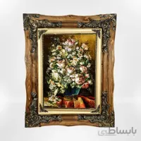 تابلو فرش دستباف طرح گلدان فیروزه ای ترمه قرمز کد ۹۸