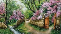 تابلو فرش برجسته دستبافت ابریشمی طرح منظره کوچه بهاری کد ۱۰۱۳۱۹