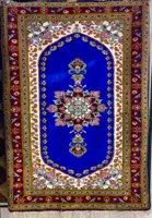 فرش دستبافت خراسان جرگلان چله ابریشم کف ابریشم نقشه ترنج آبی کاربنی