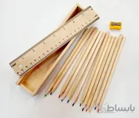 مدادرنگی 12رنگ باجعبه چوبی+خط کش و مدادتراش