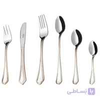 سرویس قاشق و چنگال 24 نفره ناب استیل طرح ونیز دور طلایی (98 پارچه)