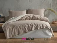 ست کاور ملحفه لینن راه راه برند clasy طرح norma رنگ نسکافه ای سایز کینگ