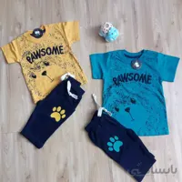 ست تابستانه تیشرت شلوارک پسرانه نخی powsome رنگ قرمز زرد و ابی