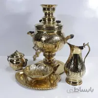 ست سماور زغالی برنجی چهار لیتری قلم کاری شده همراه پاسماوری ا ست سماور زغالی برنجی ضخیم همراه پاسماوری قلم کاری شده