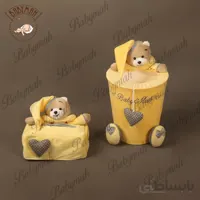 سطل و جای دستمال خرسی طرح نانان رنگ لیمویی