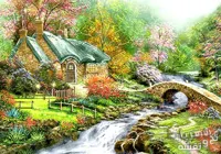 نخ و نقشه تابلوفرش طبیعت زیبای کلبه و رودخانه - 622