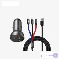 شارژر فندکی بیسوس مدل Baseus Digital Display Dual USB 4.8A Car Charger 24W with Three Primary Colors 3-in-1 Cable USB 1.2M