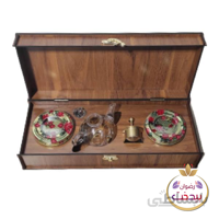 جعبه زعفران چوبی 30*12سانت با هاون و قوری وظرف 2عدد خاتم نیم مثقال