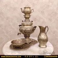 سماور شیر و خورشید زغالی برنجی آنتیک ۴ لیتری با سرویس