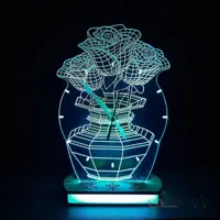 چراغ خواب و ساعت رومیزی سه رنگ طرح گل و گلدان