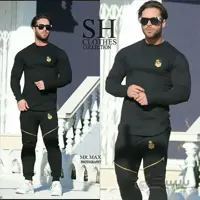 ست مردانه کد 059 تیشرت شلوار مشکی با طرح طلایی جنس دورس تمام کش ا Men's T-shirt set, black and gold pants, made of full-length Dors