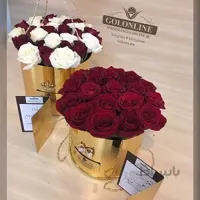 استوانه طلایی با 25 شاخه رز هلندی