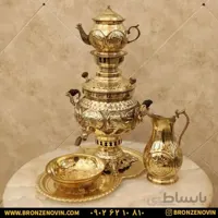 سماور شیر و خورشید برنجی ۴ لیتری قلم دست با سرویس