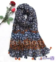 شال نخی منگوله دار وارداتی سورمه ای و نارنجی