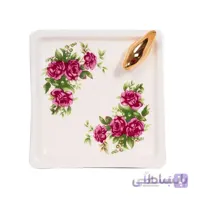 بشقاب مربع گل سرخ مات با پرنده طلا کد 0620