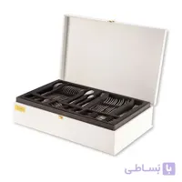 سرویس قاشق و چنگال 18 نفره ناب استیل طرح ونیز دور طلایی (86 پارچه) بعلاوه کنسول چوبی