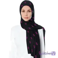شال حریر مشکی گلدوزی گل صورتی
