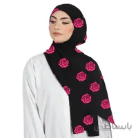 شال حریر مشکی گلدوزی رُز صورتی