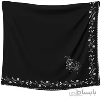 روسری حریر مشکی گلدوزی گل نقره ای