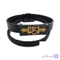 دستبند مردانه چرم با ورق طلا طرح خدا