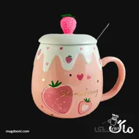 ماگ سرامیکی فانتزی توت فرنگی درب دار و قاشق دار اورجینال