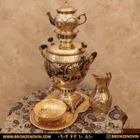 سماور شیر و خورشید زغالی برنجی ۶ لیتری قلم دست زرد