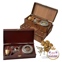 جعبه چوبی زعفران مدل نقش برجسته رضوان نیم لازج با قوری و هاون و خاتم