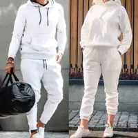 ست زن و مرد کد141 هودی و شلوار طرح ساده جنس دورس رنگ سفید ا Pair set of hooded hoodies and thick white Dors pants