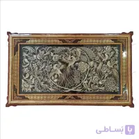 تابلو قلم زنی طرح گل و مرغ با قاب خاتم صلیبی شاسی دار سایز 123*73