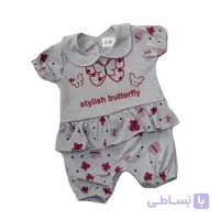 رامپر نوزادی چین دار طوسی طرح پروانه ا Baby Cloth 1638