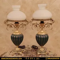 آباژور برنزی رومیزی جفتی پایه سنگی ستون سرامیکی