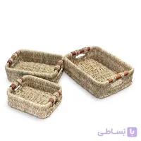سبد مربع 3تیکه حصیر بافت دسته چوبی