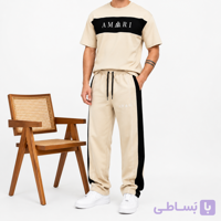 ست تیشرت شلوار مردانه کرمی مدل امیری جنس نخ پنبه