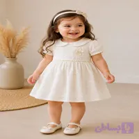 پیراهن دخترانه سفید یقه‌دار خامه‌دوزی با تل سر – مناسب ۶ ماه تا ۳ سال