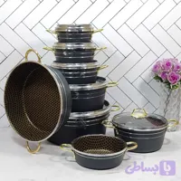 سرویس قابلمه 14 پارچه تفلون مشکی زنبوری دسته طلایی زومبا ارسال رایگان