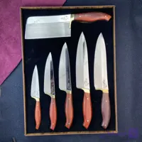 جعبه کادویی چاقو آشپزخانه چوبی 6 تایی از جنس MDF طرح‌دار و دارای حکاکی زنجان