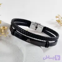 دستبند چرمی مردانه دولاین با پلاک استیل3 طرح CK و LV و Rolex | دلسامه