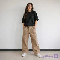شلوار نیم‌بگ کتان کجراه شمعی بچگانه مدل کارگو مناسب دختر و پسر ۸ تا ۱۲ سال