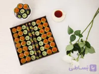 دیس حلواتارت زعفرانی، بوتیکی و خرما آجیلی میکس