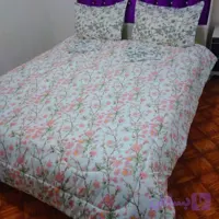 روتختی یکنفره دو رو ۴تکه طرح گل برگ صورتی سبز