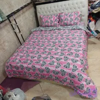 روتختی نوجوان نخ پنبه یکنفره ۴تکه طرح قلب صورتی طوسی دورو