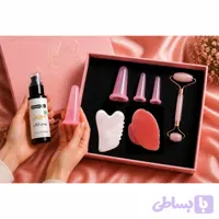 پک رفع چروک و جوانسازی صورت در خانه (گواشا قلبی دندانه دار + بادکش سیلیکونی + جیدرولر + روغن آرگان/جوجوبا)