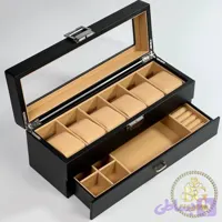 جعبه ساعت 6 خانه و جواهری فیبر کربن کد 1006