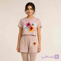 ست راحتی زنانه تیشرت کراپ و شرتک کرم پوست پیازی