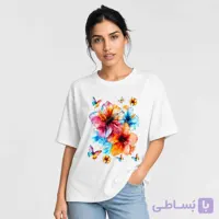 تیشرت اورسایز سفید زنانه طرح بهاری – تن‌خور آزاد و خنک با چاپ هنری