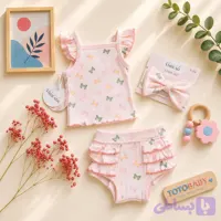 ست تاپ و شورت و هدبند نوزادی طرح پروانه رنگ صورتی برند THREADS