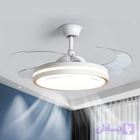 چراغ سقفی LED فلزی دارای فن اکرولیک با پره‌های قابل جدا شدن و جمع شونده / چراغ LED وارداتی با ۳ دمای رنگ (۳۰۰۰، ۴۰۰۰ و ۶۵۰۰ کلوین) – کنترل از راه دور ۶ سرعته – رنگ بدنه سفید و مشکی کد 108 و 109